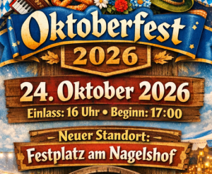 Oktoberfest 2026 Poster mit Datum 24. Oktober 2026, neuer Standort Festplatz am Nagelshof in Meppen, bunte Dekoration, Blumen und Holzoptik