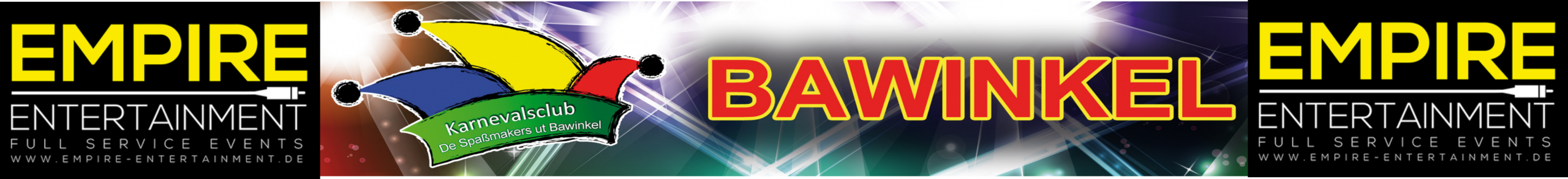 Banner von Empire Entertainment mit Bawinkel Logo und bunten Karnevalshüten.
